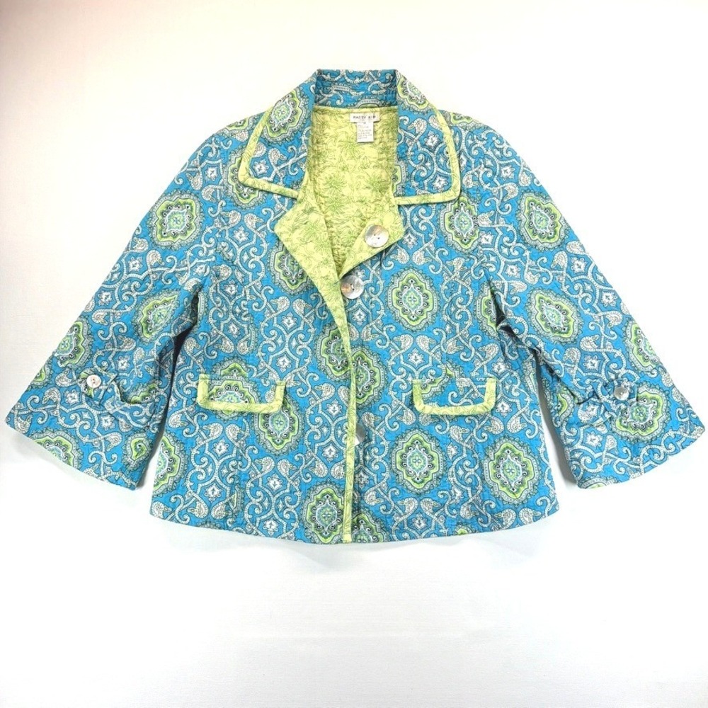 Patty Kim Reversible Quilted Jacket XL Blue Green Paisley Cotton MOP Buttons